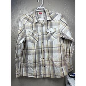 Wrangler Button Up Shirt Mens White Brown Plaid Cowboy Outdoors size‎ XL